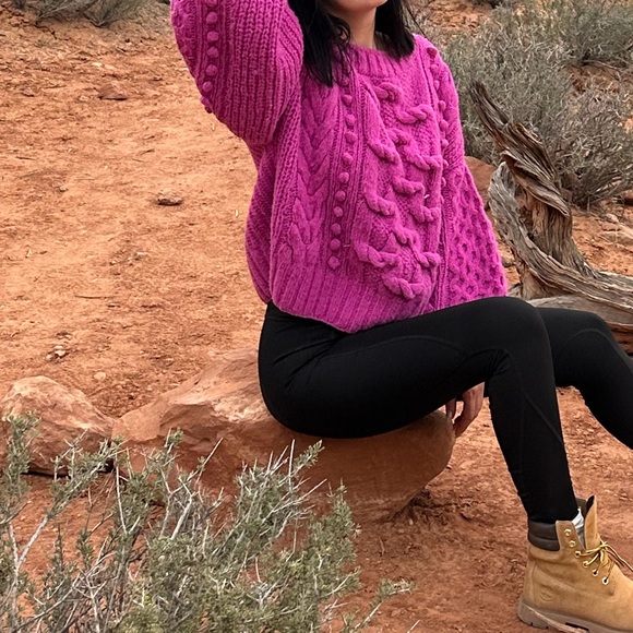 Textured Cable & Bobble Knit Sweater - Hot Pink - Picture 2 of 10
